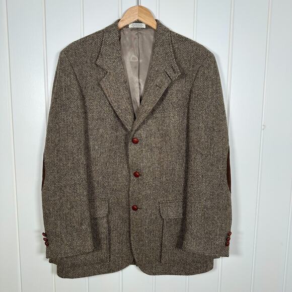 Vintage Orvis Harris Tweed Fabric Blazer 44R Wool Suede Elbow Patch Herringbone - Picture 1 of 11